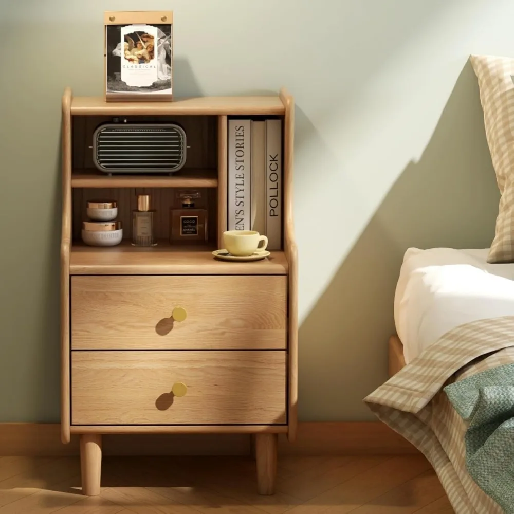 Solid Oak Two-Drawer Nightstand, Natural Wood Design, 26.57 Tall with Open Shelves