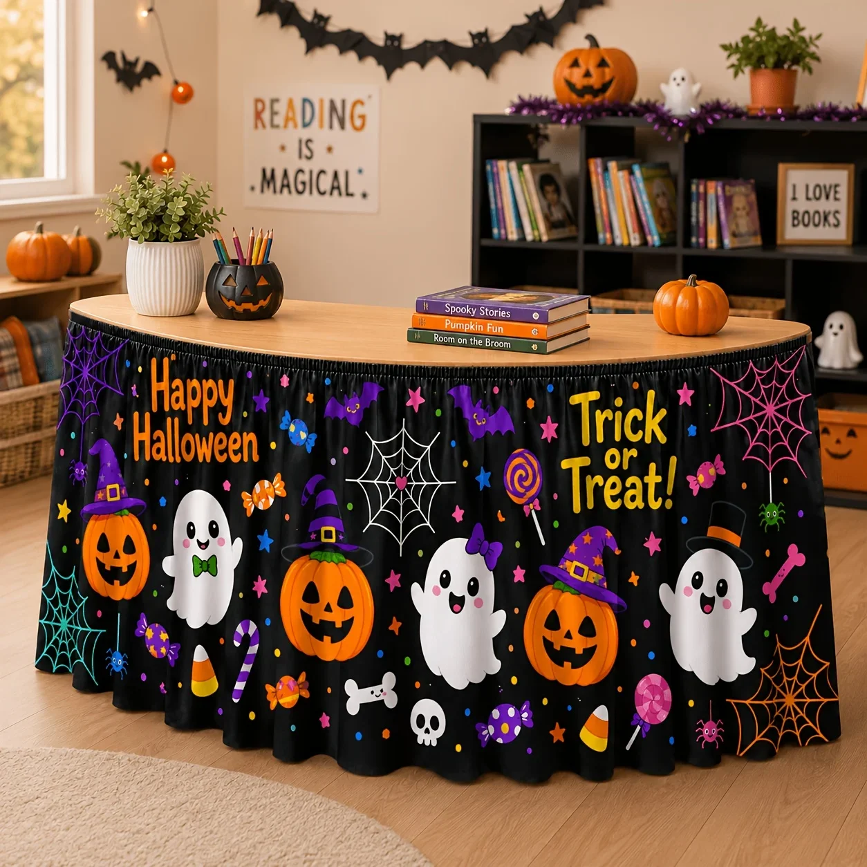 1 piece of party tablecloth. Table runner. Black background. Cute cartoon Halloween table runner. Pumpkin lantern.