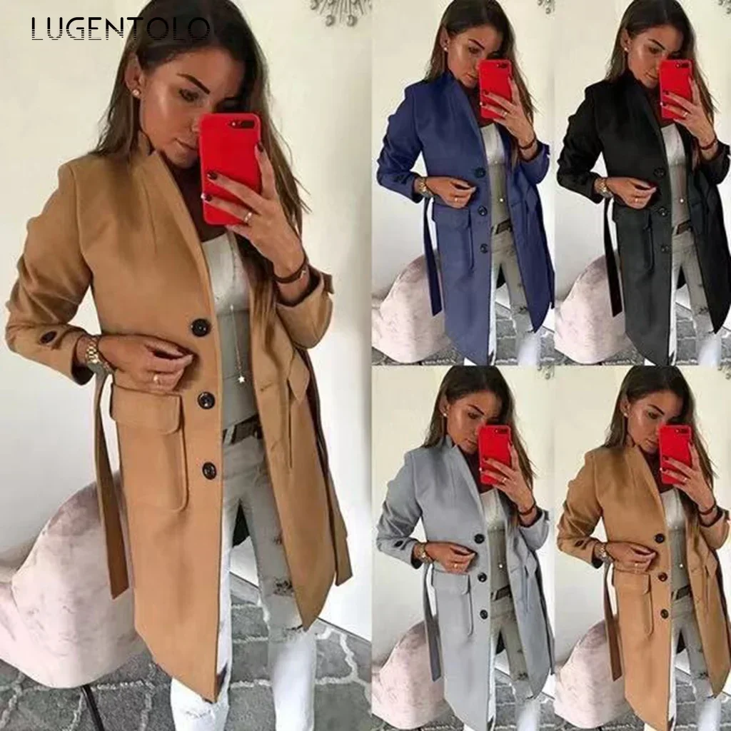 Women Elegant Wool Slim Single-breasted Lapel Large Size Blends Female Casual Solid Coats Autumn Long Jackets Available 5XL