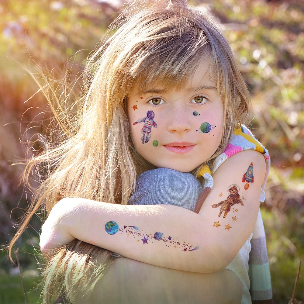 Tatuajes temporales de galaxia brillante para niños, pegatinas de tatuaje del espacio exterior, lindos recuerdos de fiesta, regalos para niñas y