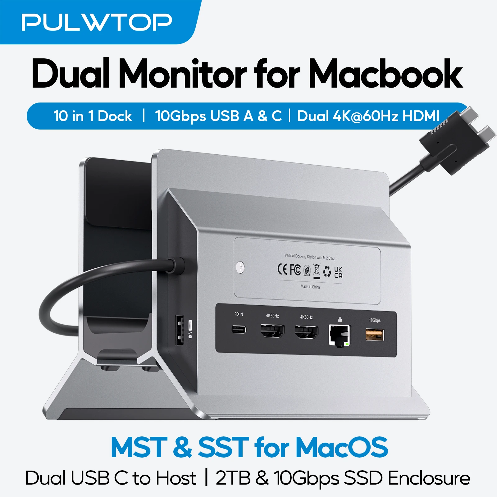 

Док-станция PULWTOP MacBook с 2 HDMI 4K при 60 Гц, USB A/C 10 Гбит/с, PD, Ethernet, SD/TF, совместимая с MacBook ProAir M3M4M5