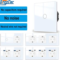 Bingoelec interruttore tattile Standard ue 220V pannello in cristallo bianco interruttore sensore luce con prese a muro prese USB di tipo c