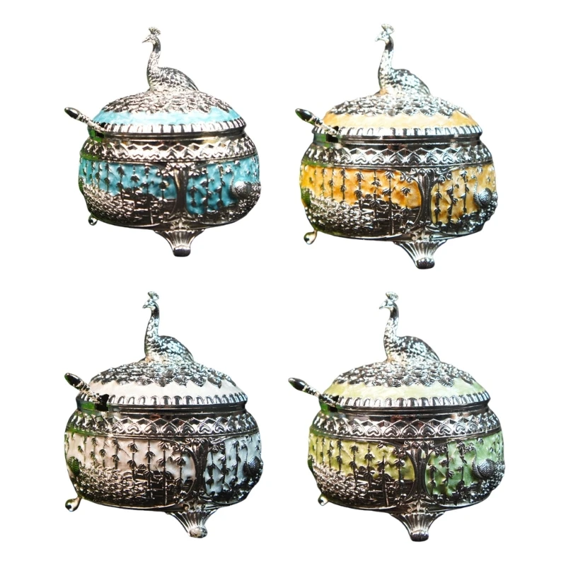 

Decorative Metal Peacocks Sugar Jar Alloy Candy Canister with Lid and Spoon Kitchen Supplies Tabletop Adornment for Dropship