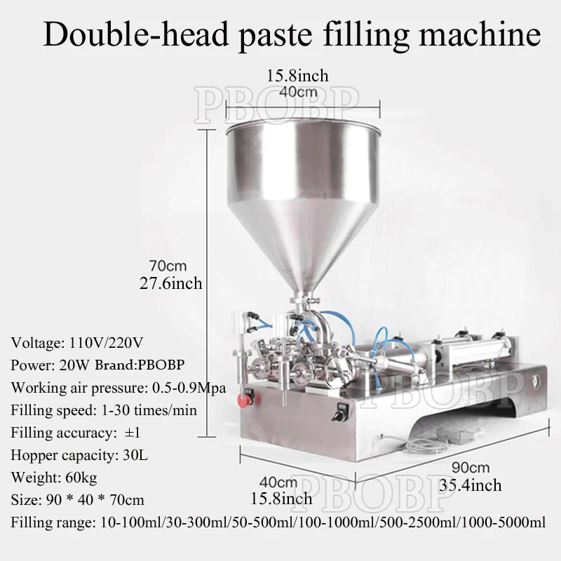 Pneumatic Double Nozzle 2 Head Filling Machine for Cream Paste Liquid Powder Bags with Heating & Mixing Function