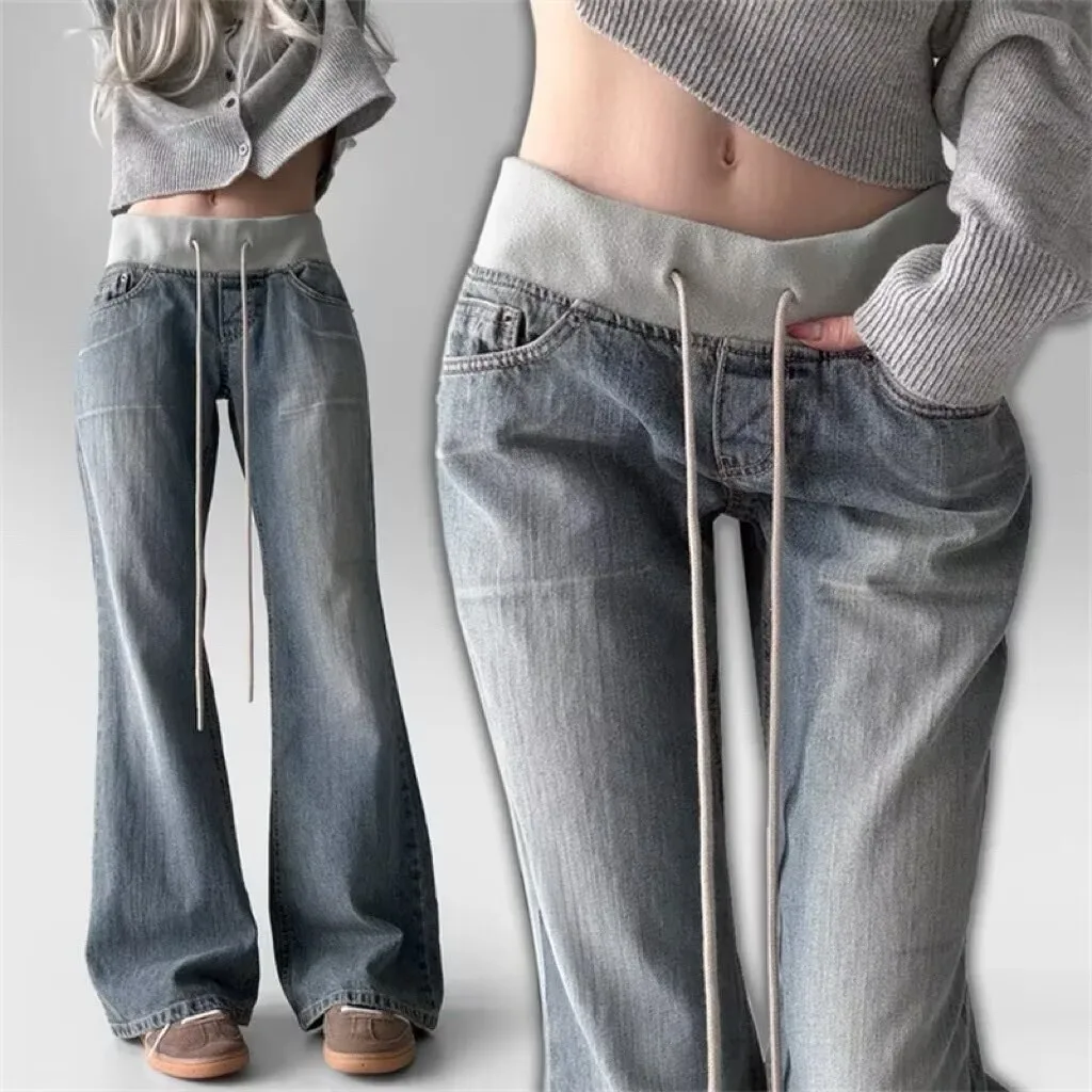 High Waist Wide Leg Jeans Women's Casual Drawstring Trousers Patchwork Slimming Versatile Floor-Length Blue Cotton Denim