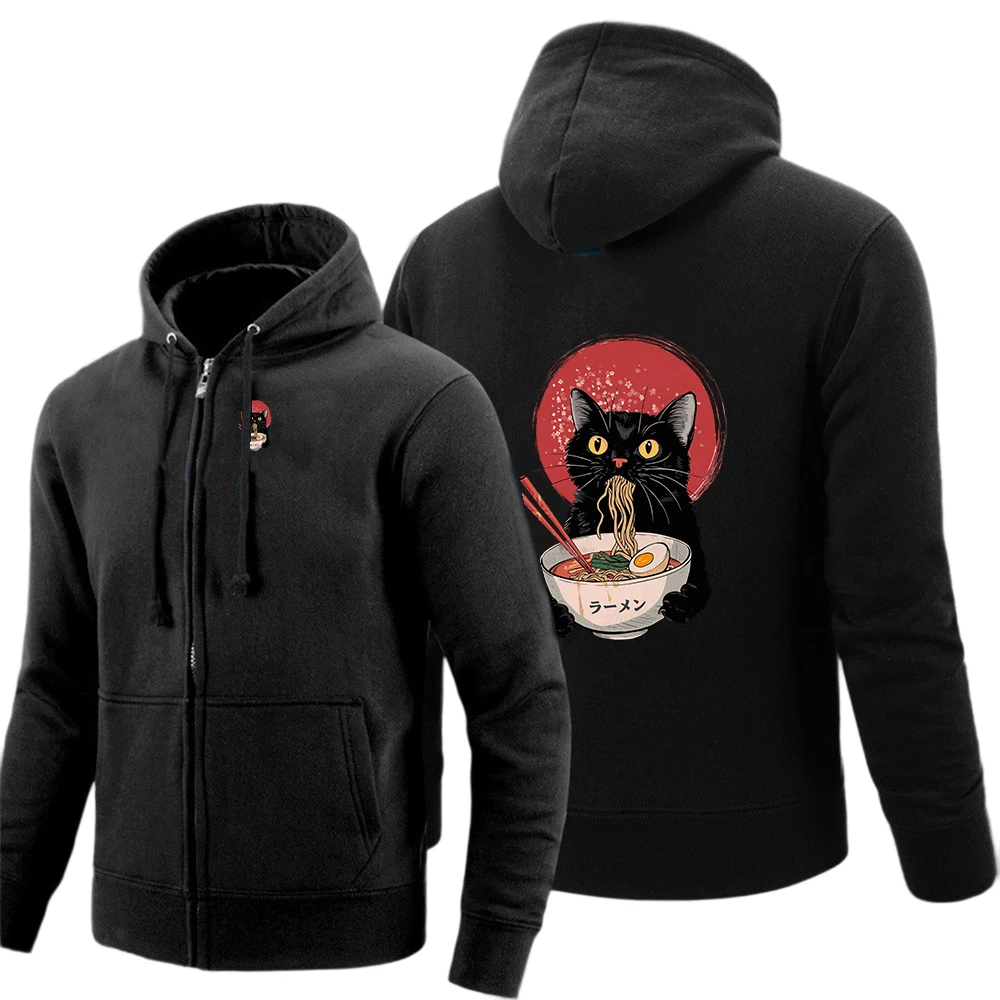 2025 Noodle Ramen Cat Spring Autumn New Men's Fashion Long Sleeve Solid-color Zipper Hoodie Fleece Casual Sports Clothing