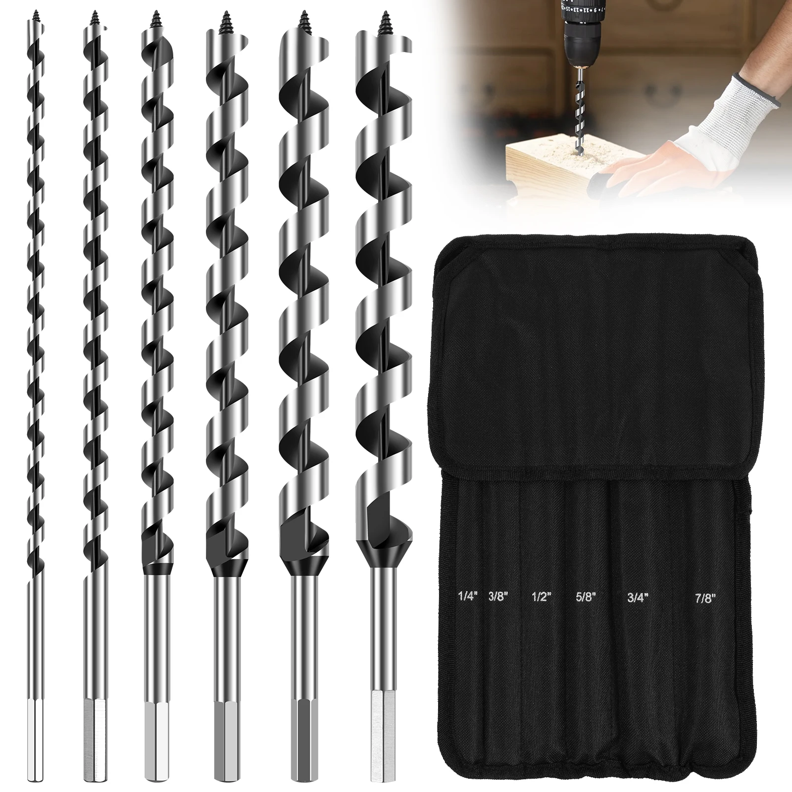 

Auger Drill Bit Set for Wood,1/4", 3/8", 1/2", 5/8", 3/4" and 7/8" Inch Hex Shank Long Auger Drill Bit for Wood,Drywall,Plastic