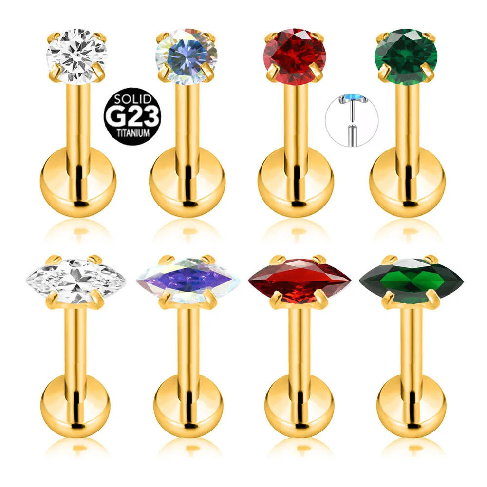

ASTM F136 G23 Titanium Marquise CZ Round Zircon Threadless Piercing Pin Push in Labret Stud Conch Daith Earring 16G 18G 20G