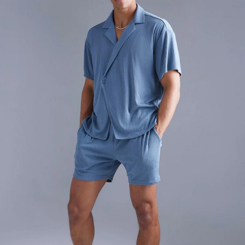 

Trendy Buttoned Lapel Shirts And Shorts Mens Two Piece Sets Spring Summer Beach Casual Breathable Thin Solid Color Shirt Outfit