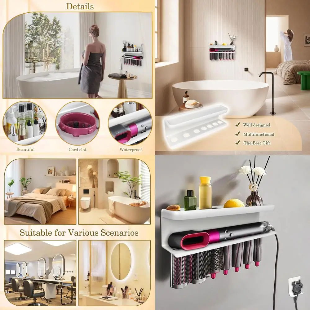 

Держатель для хранения, совместимый с утюжком для завивки волос, настенный органайзер или подставка для дома (с расческой), белый