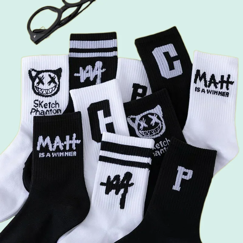 

5/10 Pairs 2024 New Men High Quality All-match Mid-tube Socks Letters Trend Cotton Sock Breathable Basketball Men's Sports Socks