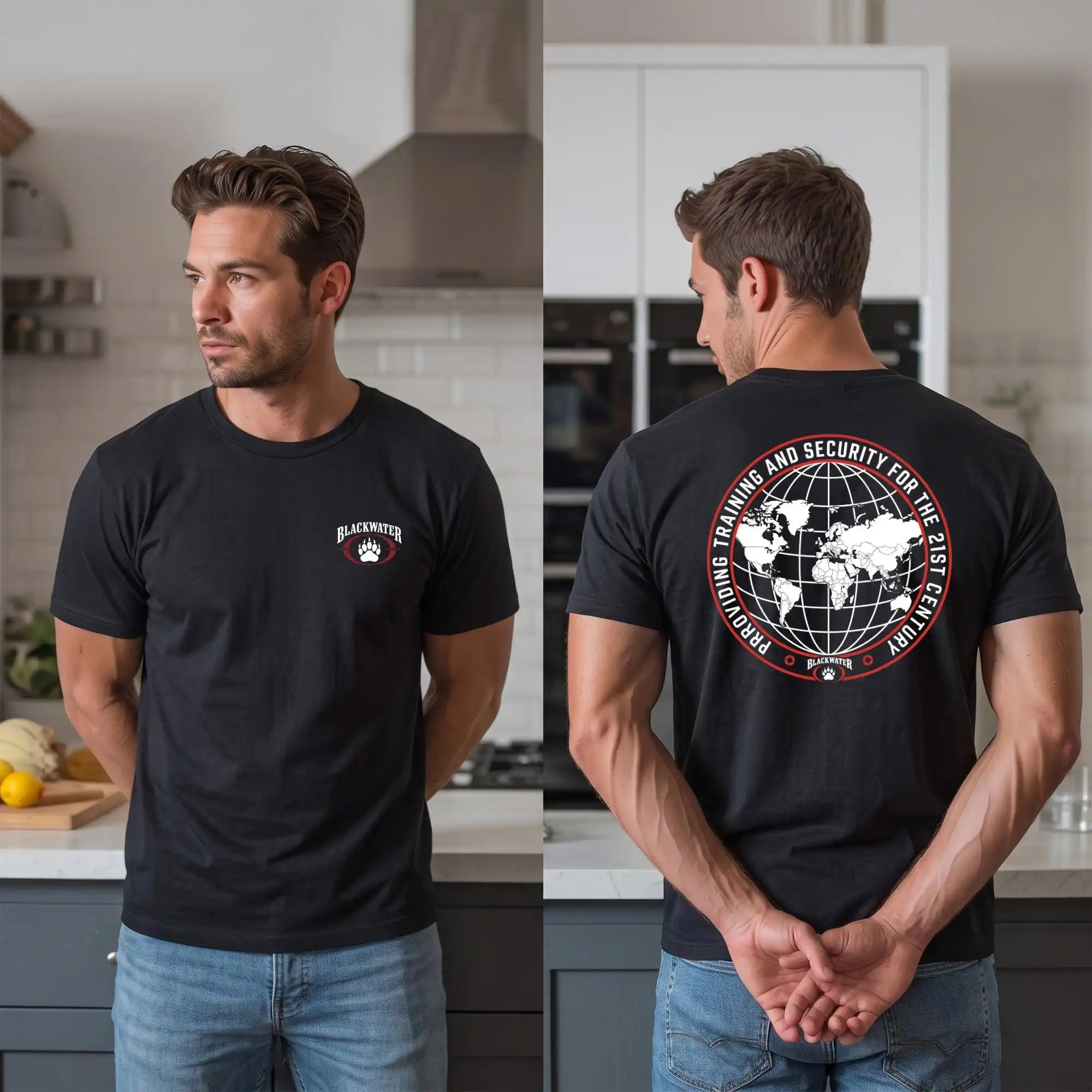 2026 New Blackwater Global Security Tactical  PMC Oversized Unisex Streetwear T Shirt Globe Circle Badge Double Print Tee Tops