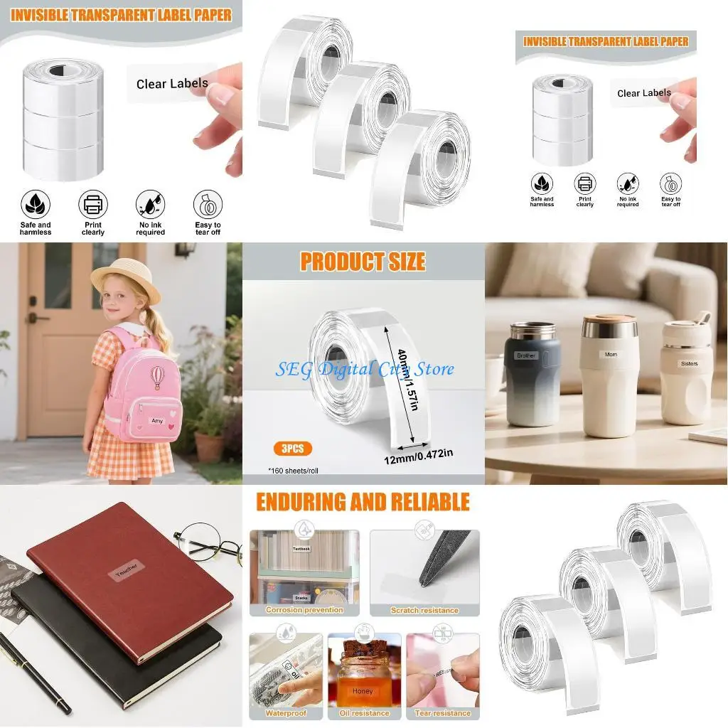 

U75B 480Pcs Retangular Thermal Label 12x40mm Clear Name Label Water Resistant Adhesive Labels Sticker For Home Office School