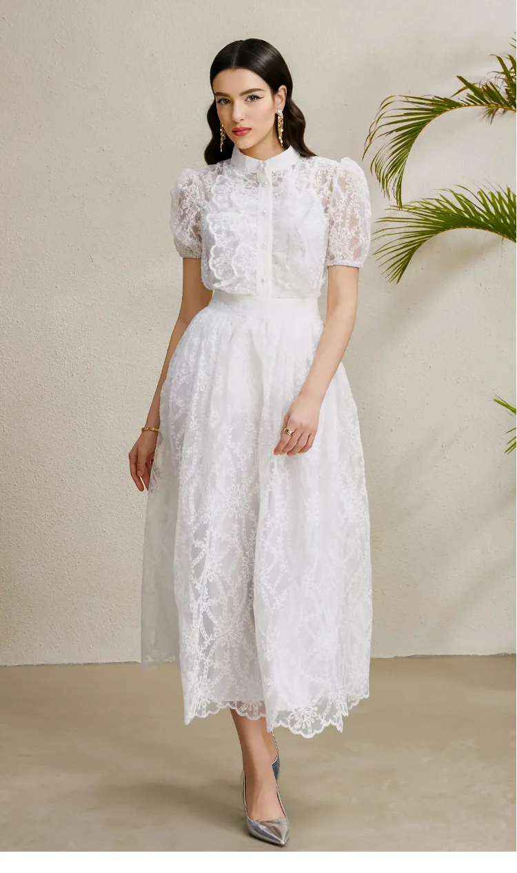 

Casual Summer Clothes Women's Dress Stand-up Collar Ruffled Hem Puff Sleeve top + Matching Skirt Set