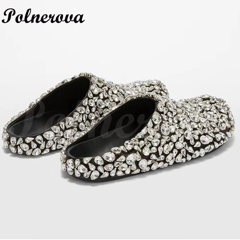 Luxury Brand Design Rhinestone Slippers for Female Round Toe Flat Shoes Comfort Genuine Leather Summer Party Women Wedding Shoes