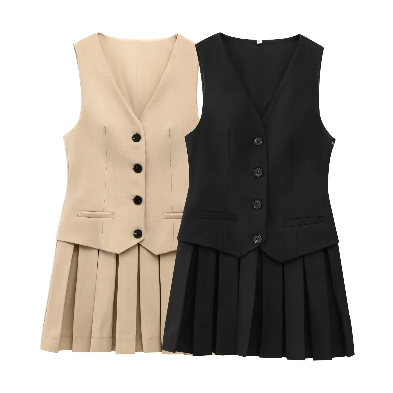 

Fashion Pleated Mini Dress Women Waistcoat Tank Dresses Office Lady Sexy Sleeveless V-Neck Single Breasted Dress 2025 New Summer