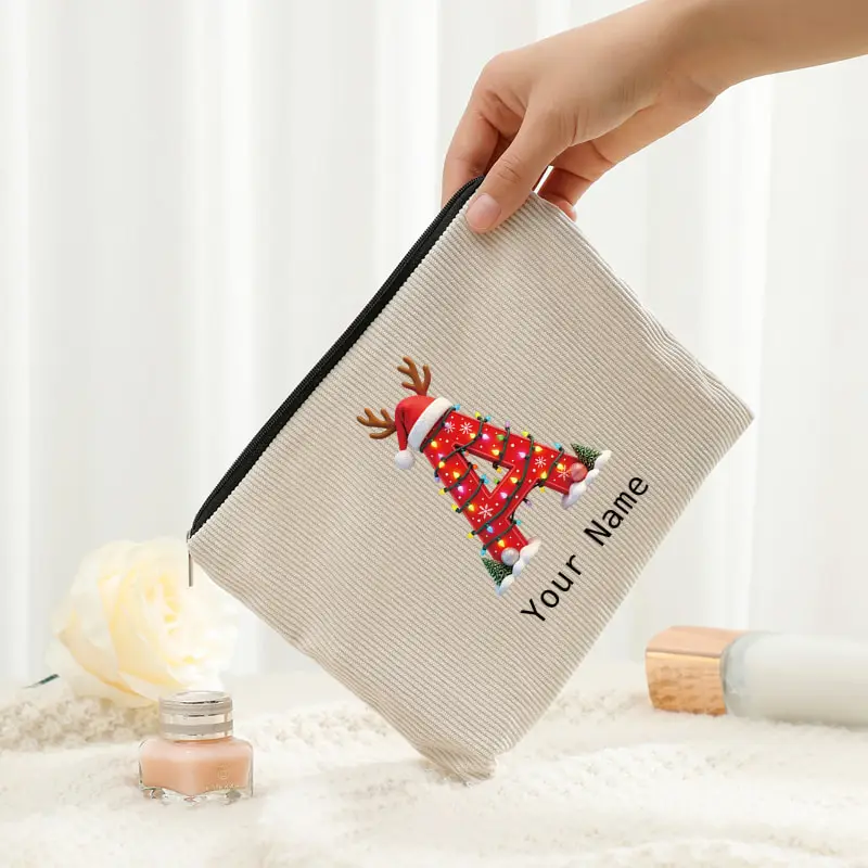 Corduroy Cosmetic Bag Custom Name Christmas Light Reindeer Antler Letter A-Z Pouch Portable Travel Makeup Storage Bag Xmas Gift