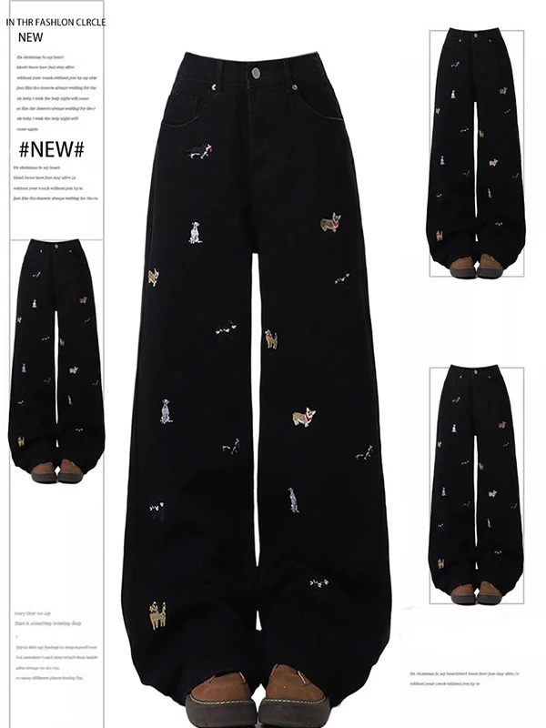 

High Waist Loose Fit Straight Leg Jeans Women's Wide Leg Embroidered Doggie American Retro Fun Large Size Floor Length