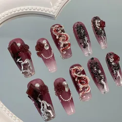 Handmade Coffin Y2k Nails Glitter Ins Style Wine Red Gradient Fake Nails 3D Dragon Decor Rhinestones False Nails Press On Ballet