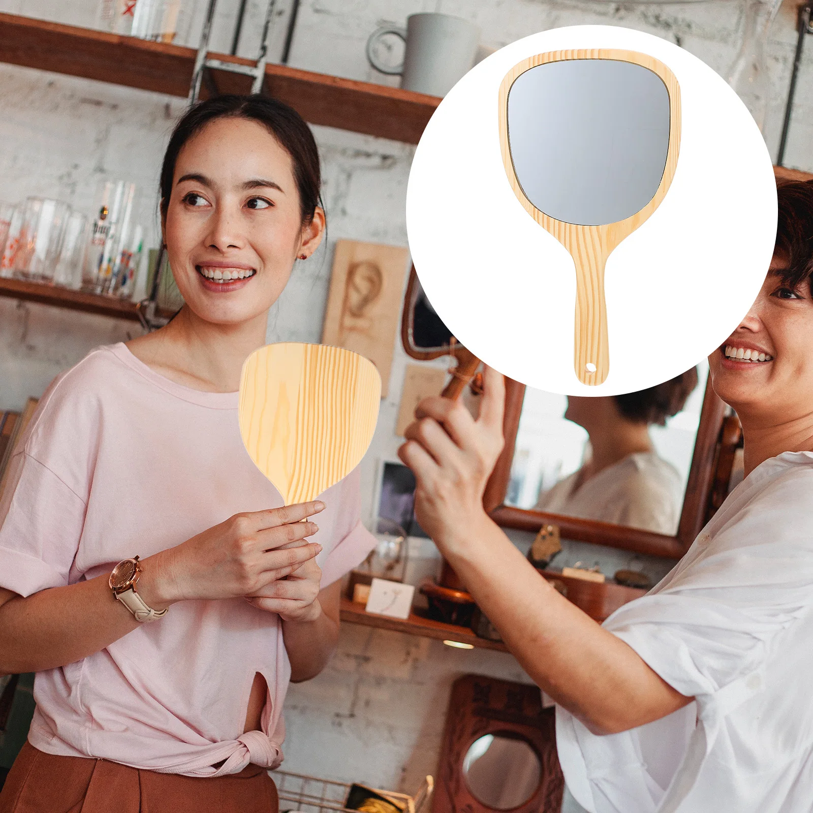 

Wooden Handheld Mirror Ergonomic Design Pocket Make-Up Mirror for Bathroom Vanities Dressing Tables Tool