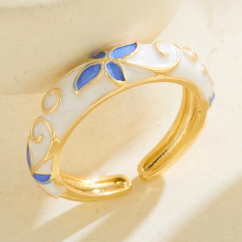 

Vintage Colorful Oil-Drop Enamel Ring Versatile Delicate Flower Open Ring Retro Style Chinese Style Drip Glazing Ring Gift