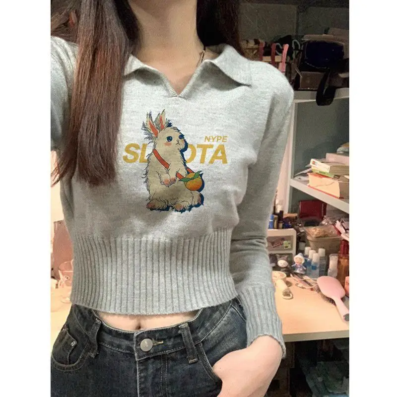 レトロアメリカンホワイトラビットセーター女性ジャンパールーズ春秋小さなデザインセンス怠惰なトレンディなアウターウェアセーターMujer