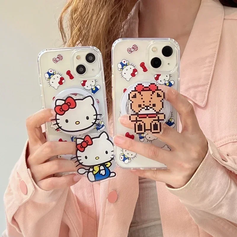 Lindo Sanrio Hello Kitty soporte magnético Magsafe carga inalámbrica funda de teléfono para iPhone 16 Pro 15 14 13 12 11 Pro Max cubierta dura