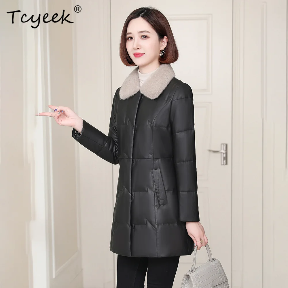 Tcyeek Vera pelle di pecora Autunno Inverno Piumino d'anatra bianca Collo in pelliccia di visone Giacca in vera pelle da donna nera Ж Dönishiжаglas Куртка