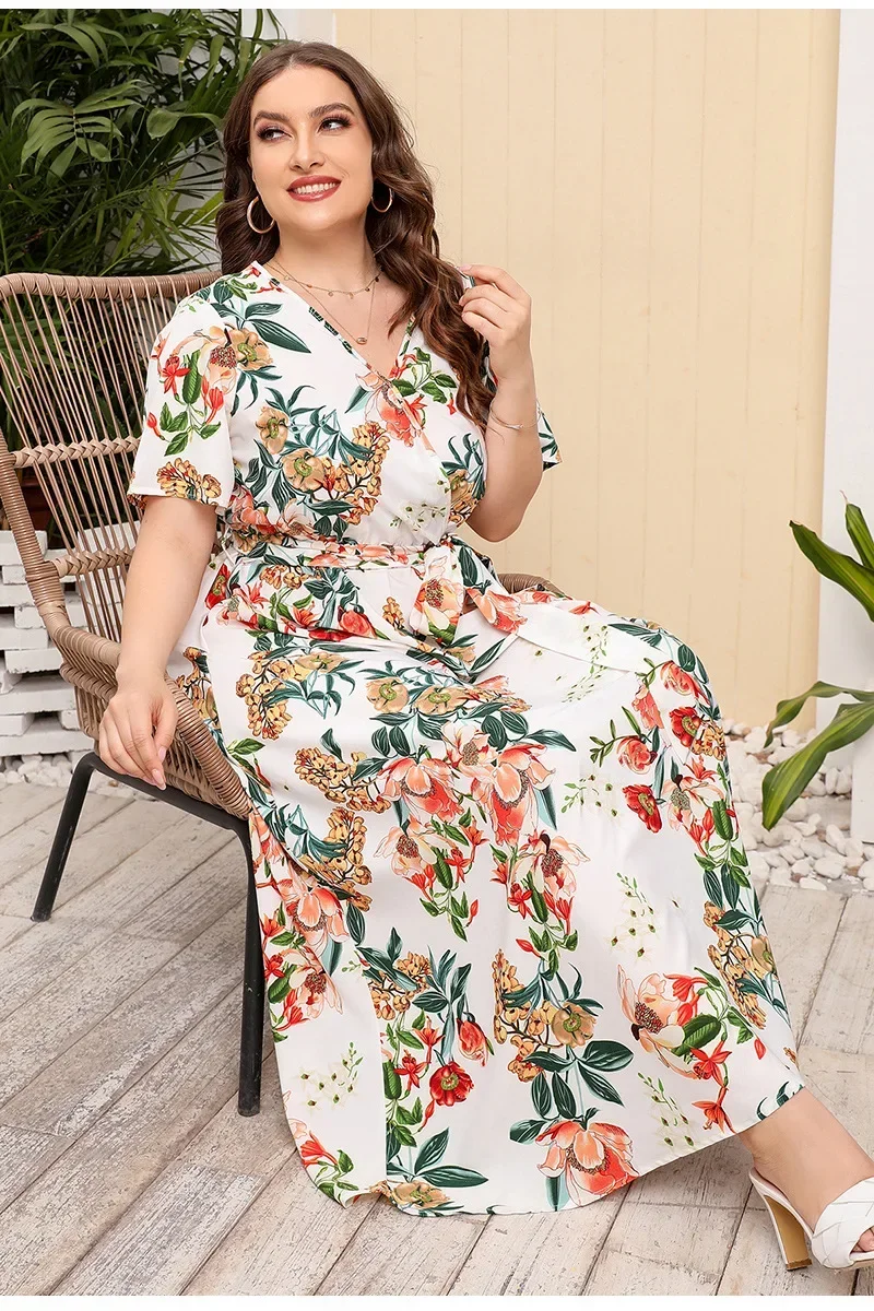 Nowy letni Plus Size S-5XL dekolt w szpic z krótkim z rękawami i nadrukiem sukienka Boho dla kobiet z elastyczną luźną sukienką Maxi