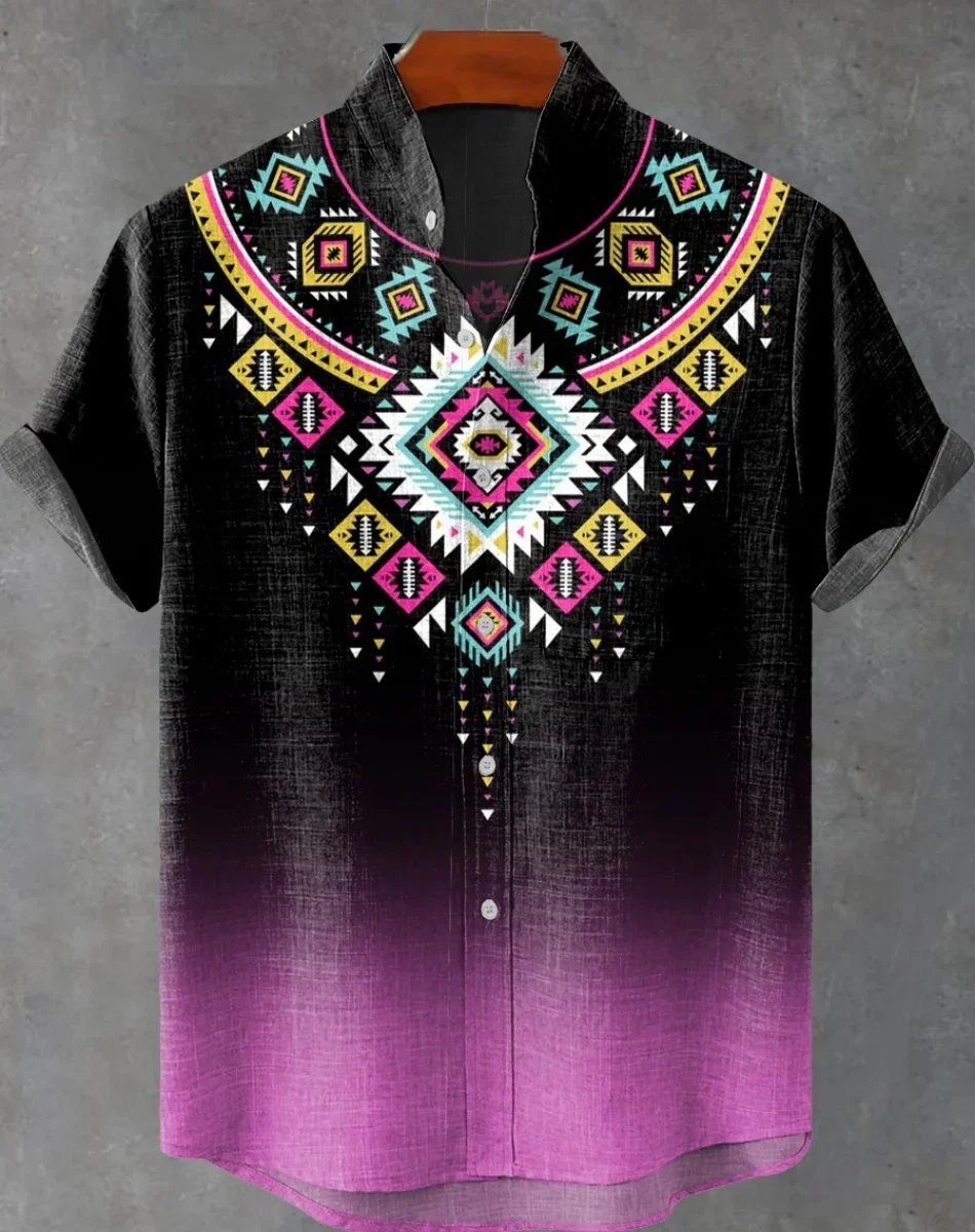 Fashionable men's Hawaiian shirt with ethnic print pattern short sleeved shirt top, beach vacation casual wear hot selling item - Image 6