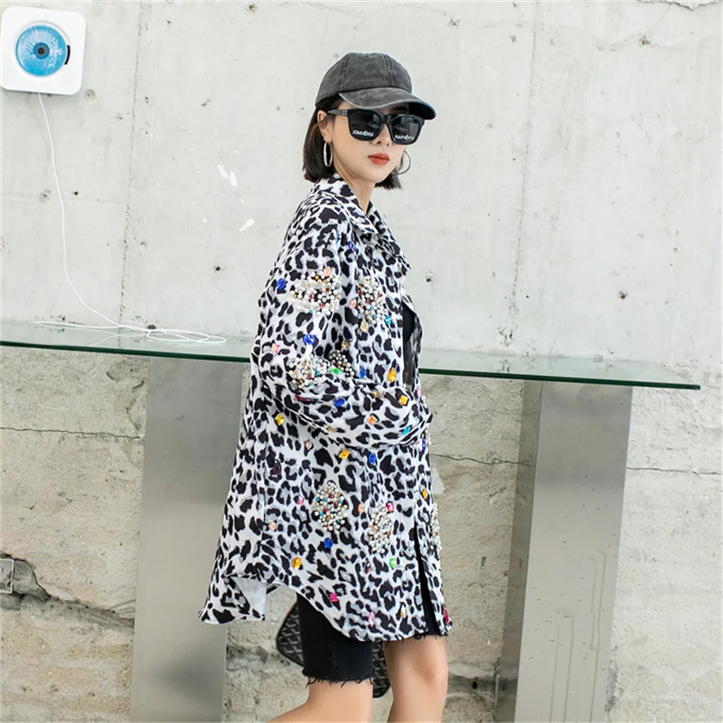 Harajuku Vintage Pearl Beaded Diamonds Leopard Print Thin Shirt Jacket Women Loose Casual Lapel Long Sleeve Female Jacket Coat