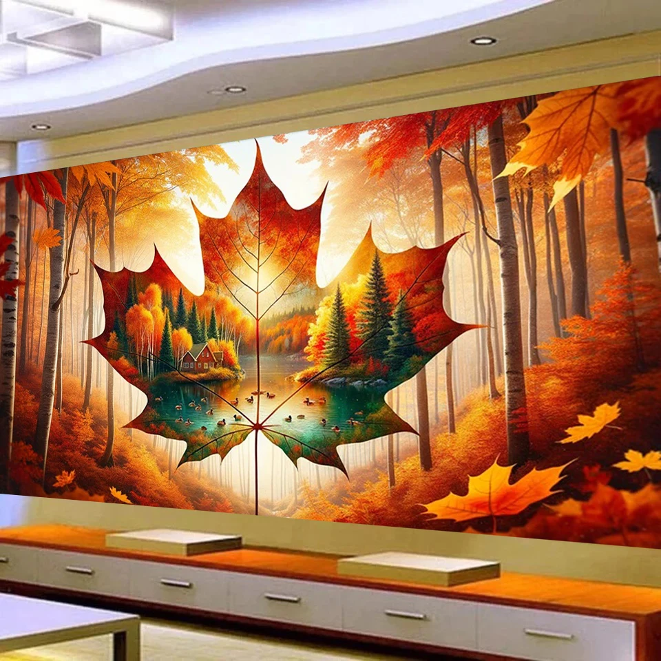 ﻿ 5D DIY Diamond Painting Stunning Maple Leaves Landscape Full Square Round Diamond Mosaic Embroidery Living Room Wall Decor ﻿