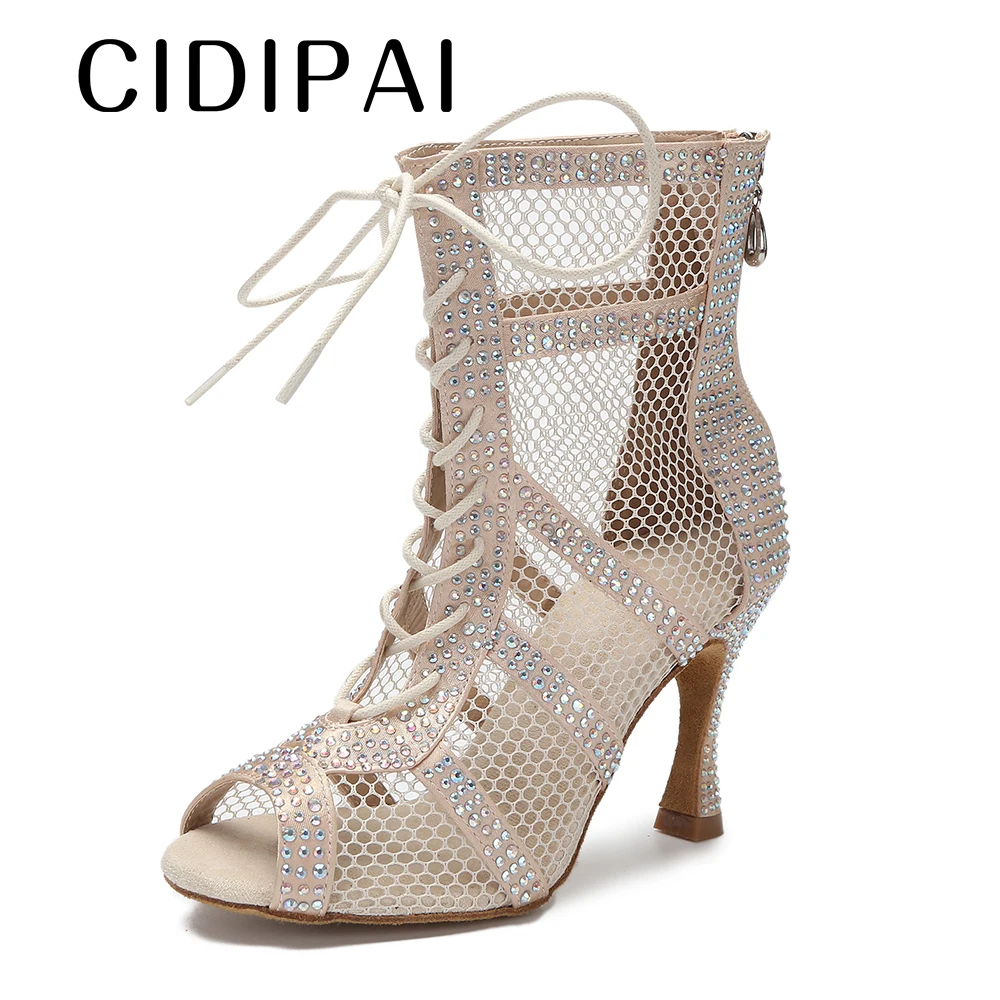 CIDIPAI Latin Dance Shoes Women Black Ballroom Dance Boots Rhinestones Dance Sandals Latino Salsa Dancing Shoes For Girls 7.5cm