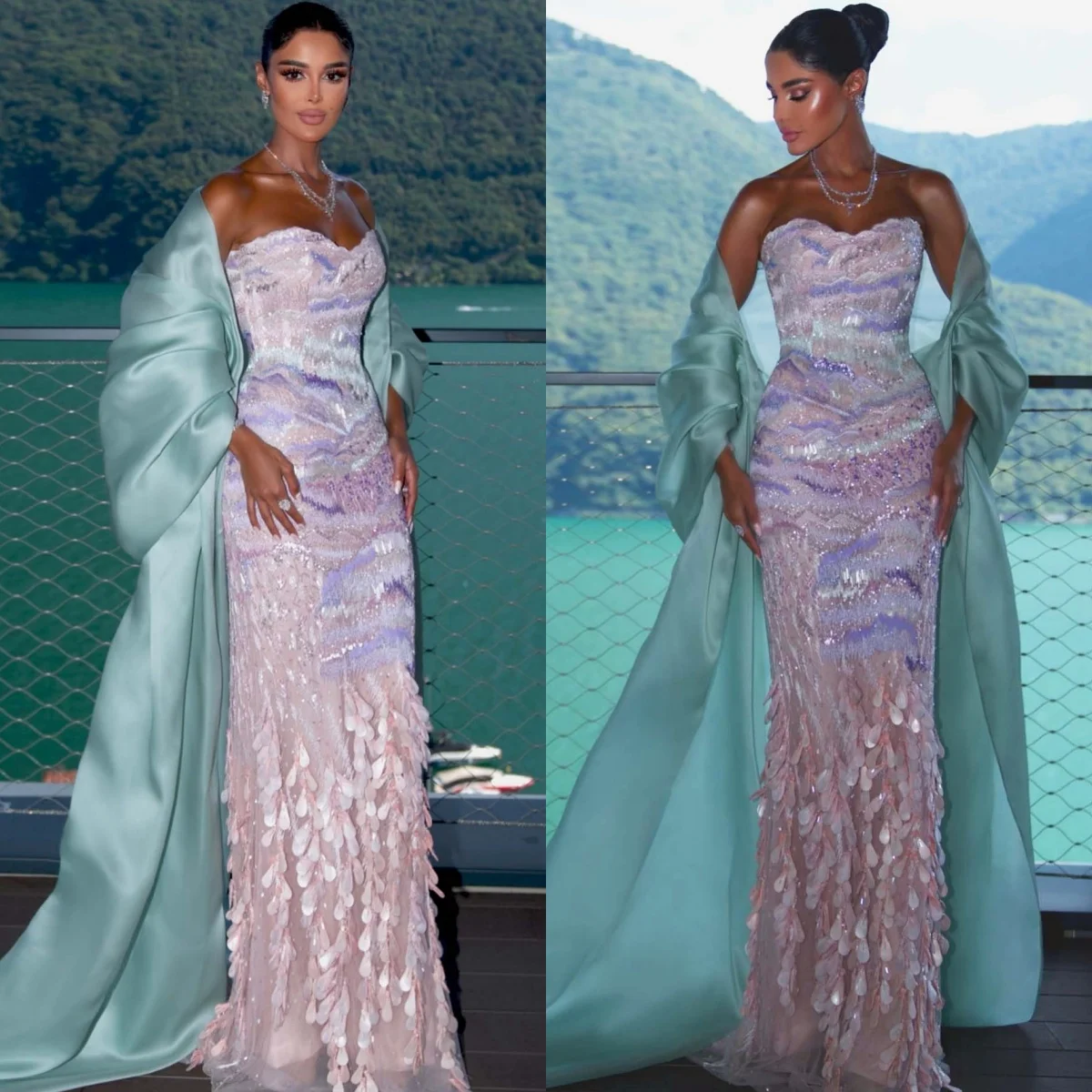 カスタマイズされた絶妙な高級夢のようなウェディングドレスブライダルパーティーブライダルドレスチャペルトレインアップリケスパンコールショールオーガンザ