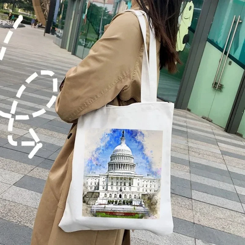 New York Paris London Pizza Shoulder Bag Rome Athens Painting Watercolor Women's Canvas Handbag Tote Environmental Shopping Bag view 3