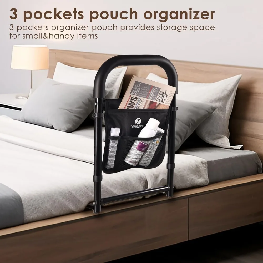Elderly Bed Safety Rail with Motion Light & Storage Pockets, Adjustable Height, Tool-Free Installation, Supports 300lbs
