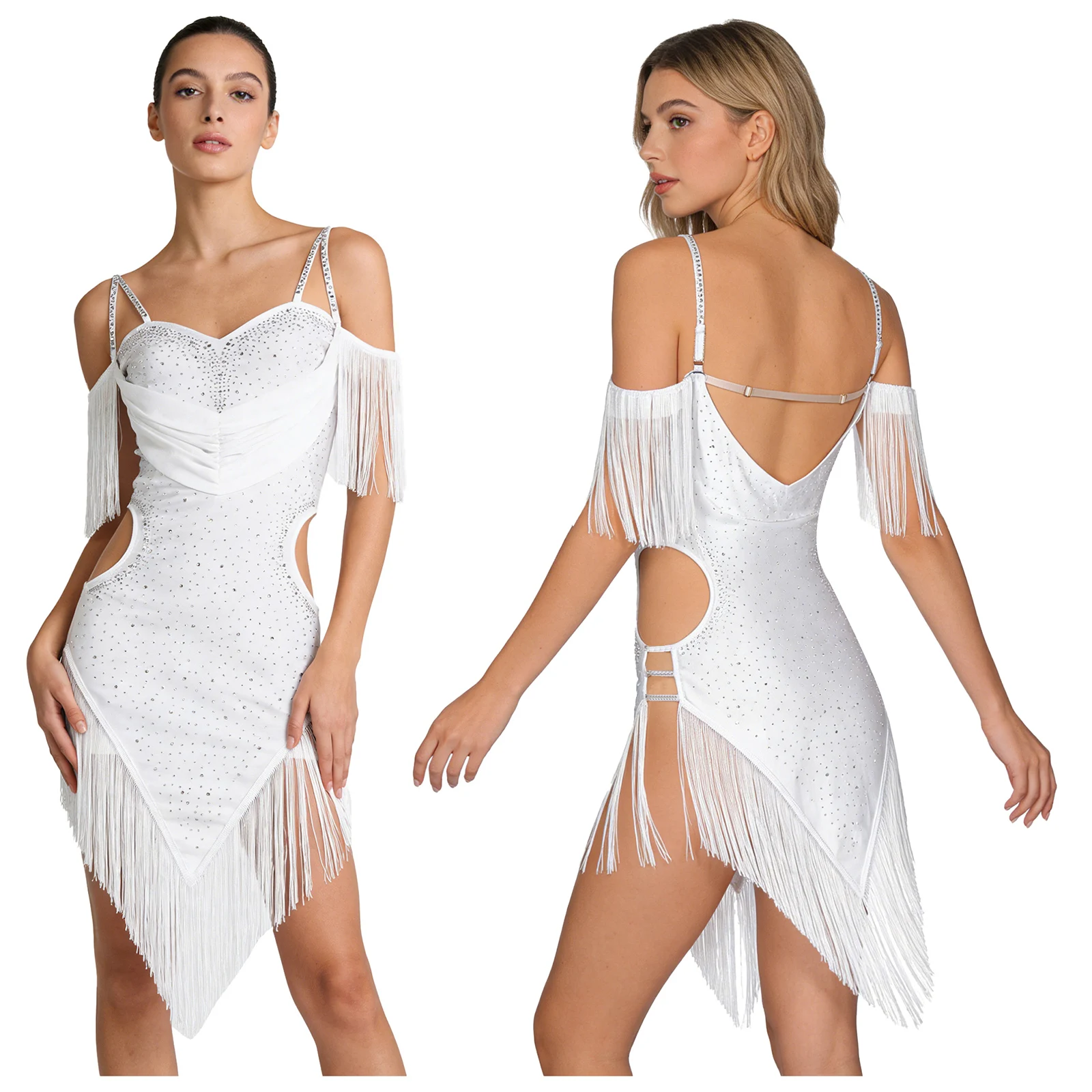 

Women Tassel Latin Cha-cha Jazz Dance Costume Rhinestones Samba Rumba Tango Performance Spaghetti Straps Fringe Leotards Dress