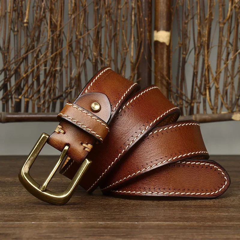 3.8CM Pure Cowhide High Quality Genuine Leather Belts for Men Strap Male Luxury Designers Brass Buckle Belt Vintage Jeans Cowboy