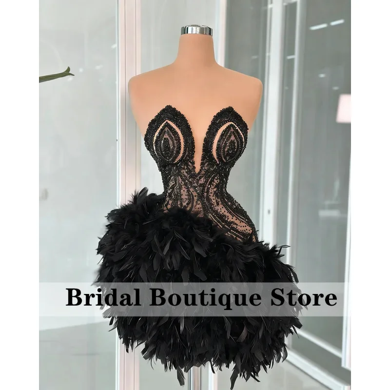 Black Short Prom Dresses Feathers Sleeveless Elegant Cocktail Dresses Dance Performance Gowns Vestidos De Customized