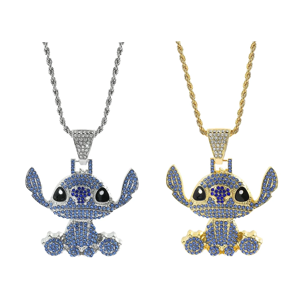 Lilo and Stitch Hip Hop Necklace Kawaii Stitch Full Rhinestones Pendant Necklace Fashion Jewelry Disney Anime Neck Chains Gifts