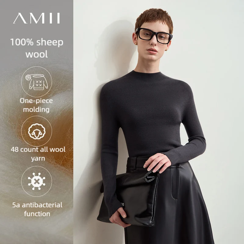 

Amii полуводолазка, осень 2022, новый универсальный шерстяной женский топ с длинными рукавами, прямой однотонный трикотаж 12423119