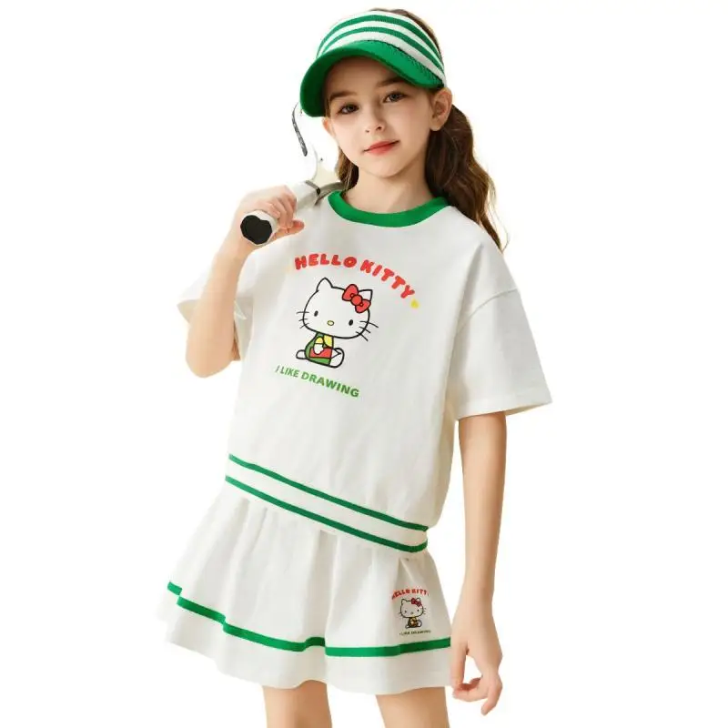 

Sanrio Hello Kitty Girl Suit Summer Pure Cotton Breathable T-Shirt Cartoon Leisure Short Skirt Kawaii Children Anime New Style