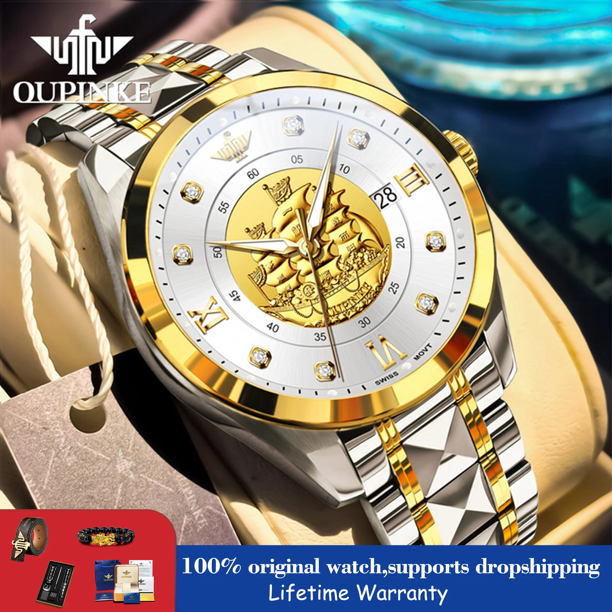 OUPINKE 3302 Automatic Watches Top Luxury Brand Date Mechanical Watches For Man Diamond Scale Waterproof Men Dress Hand Clock
