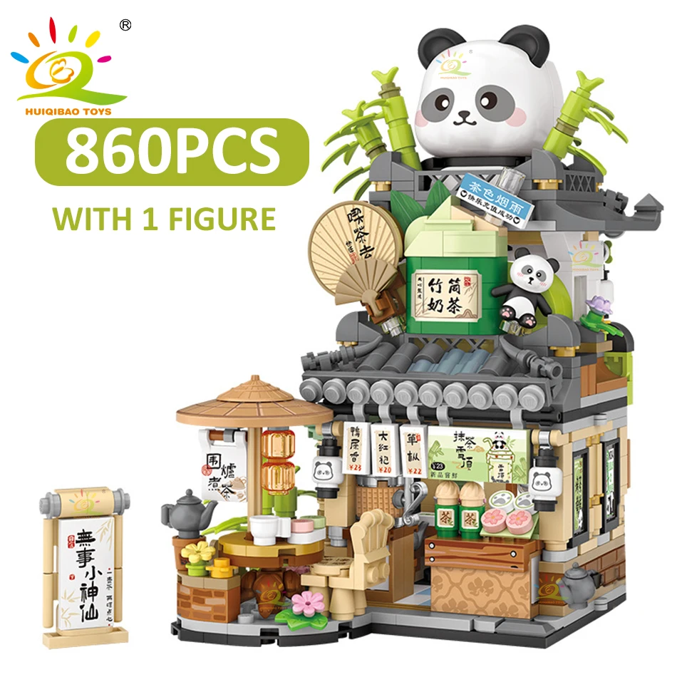 HUIQIBAO City Mini Street View Panda Tea House Model Building Blocks DIY Little Bear Coffee Shop Bricks Toys for Children Adult