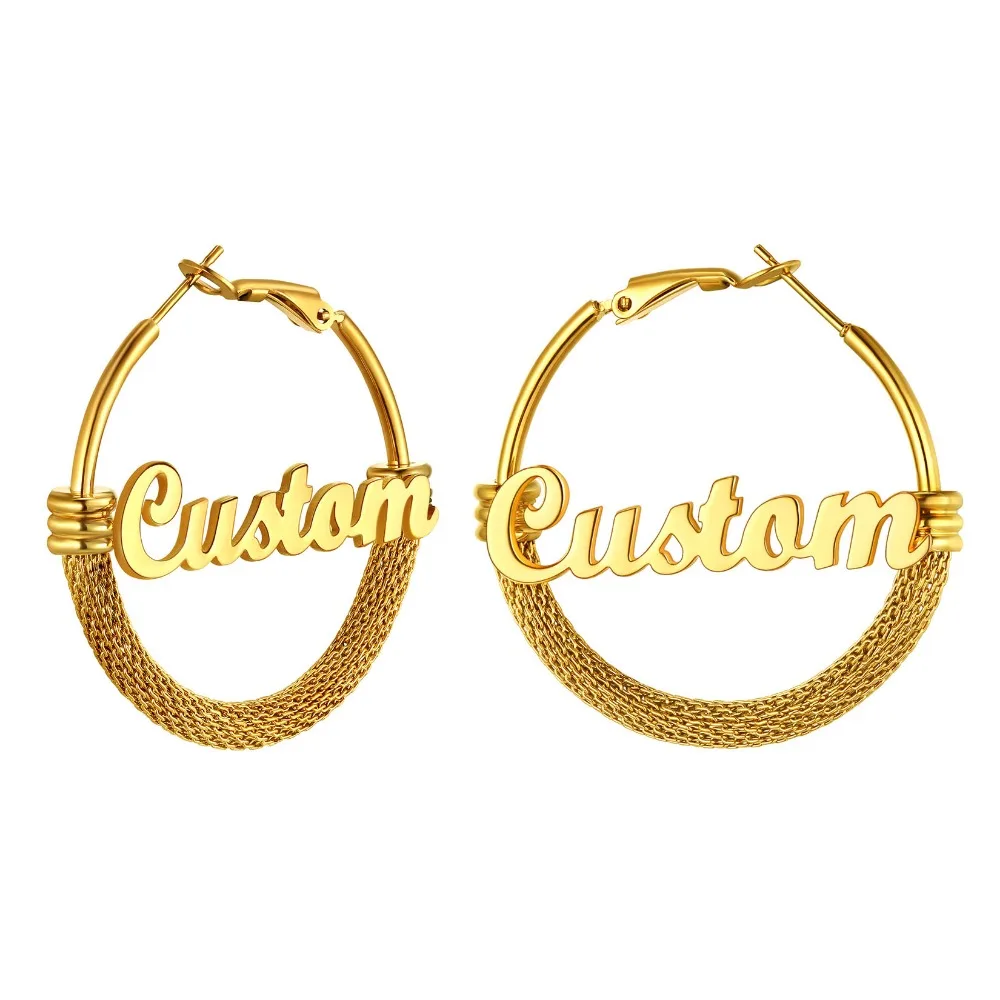 U7 Big 30/40/60/80mm Custom Name Hoop Earrings for Women Net Chain Wrapped Dangle Personalized Name Jewelry BFF Birthday Gift