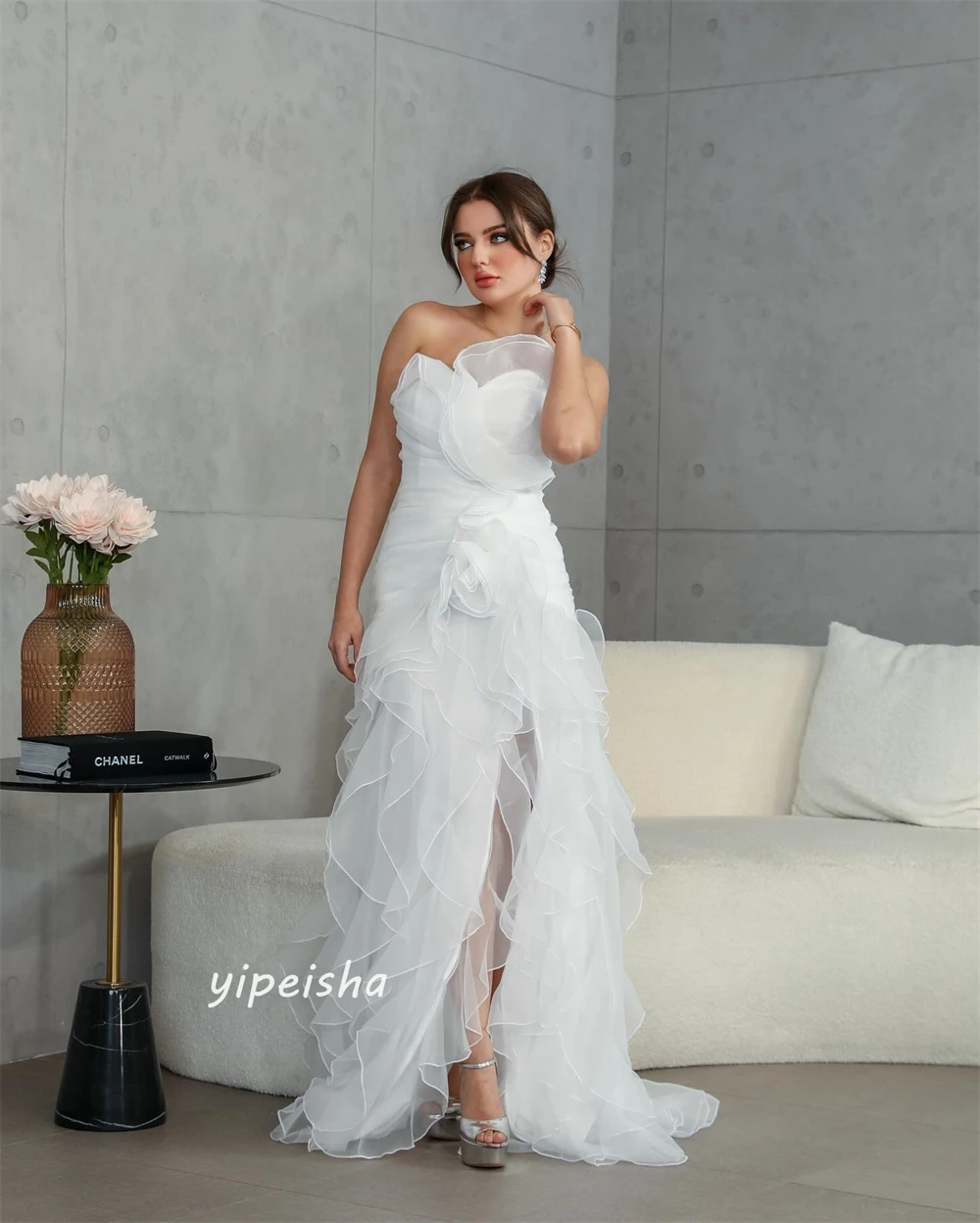 Customized Jiayigong  Organza Flower Draped Cocktail Party A-line Strapless Bespoke Occasion Gown