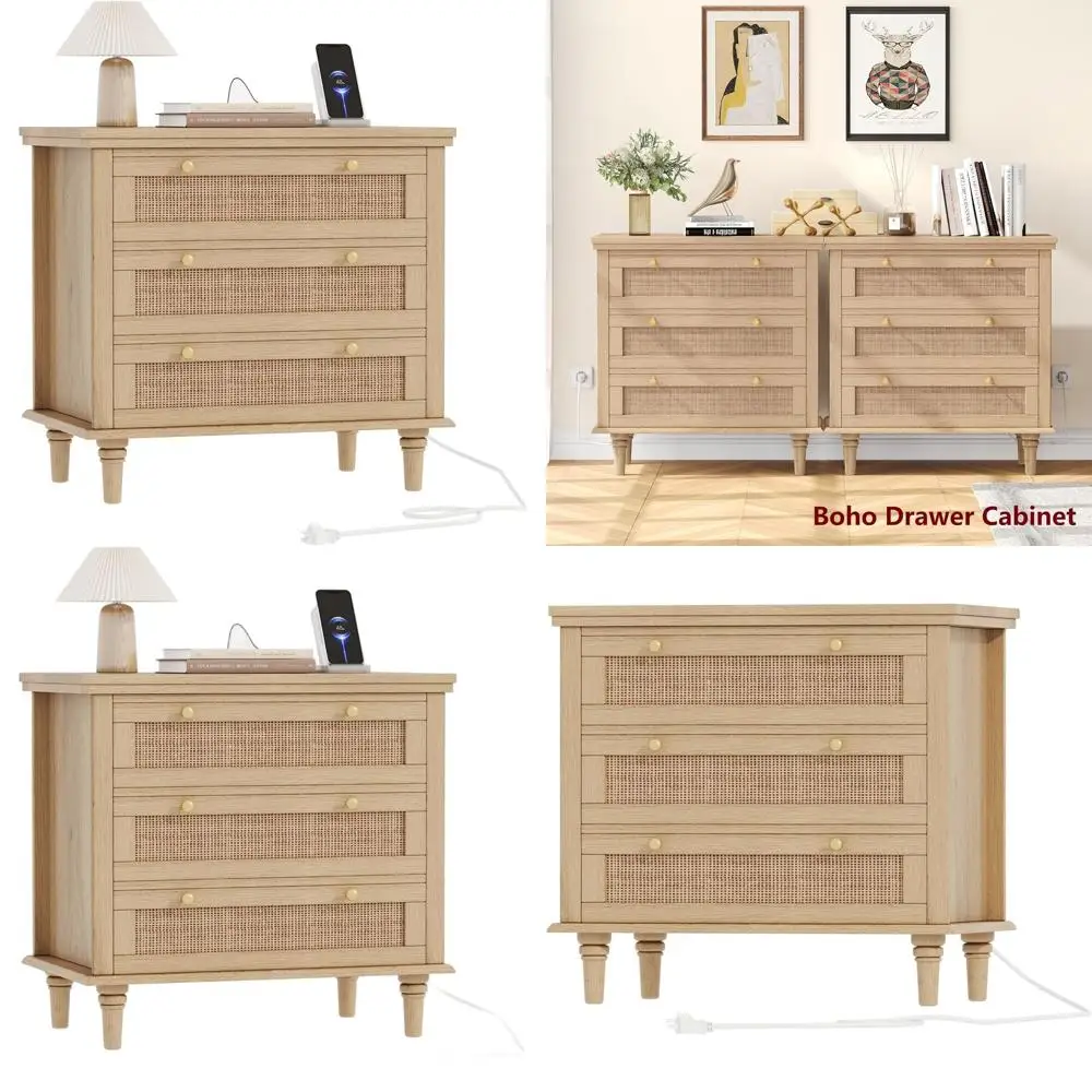 Oversized 27.6 Rattan Nightstand with 3 Drawers, Wooden Charging Station Side Table for Bedroom