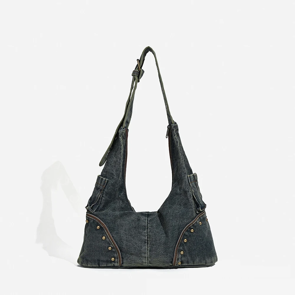 Street Retro Denim Cross-Body Bag Woman Hot Girl Rivet Embellished Large Capacity Commuting Lazy Artistic Denim Shoulder Bag