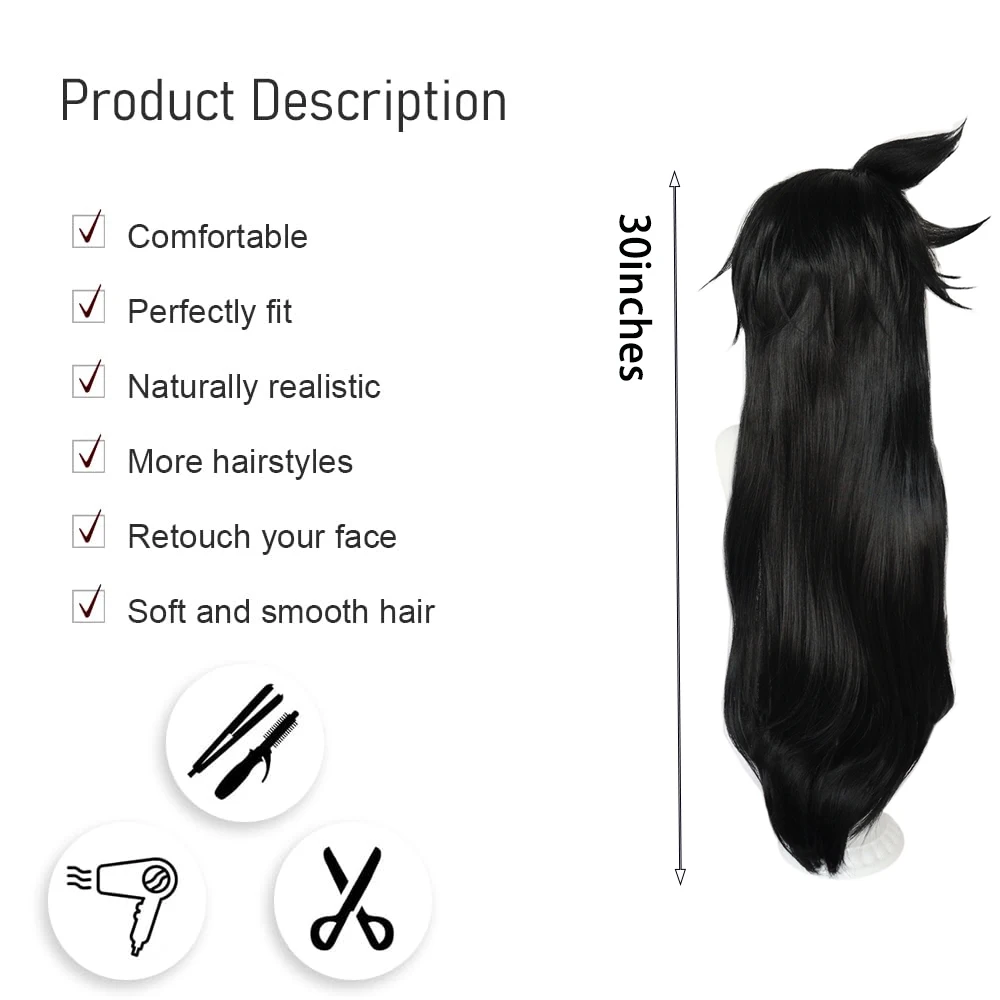 High-Quality Anime Detective Ran Mouri Cosplay Synthetic Hair 30-Inch Black Straight Hair Halloween Carnival Party Wig Natural