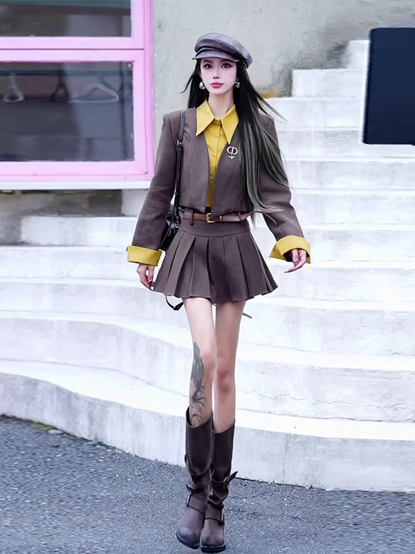 

Faionable Autumn Winter Two-Piece Suit Set High Waist Midi Skirt ort Coat False Two-Piece Youthful American Sle Long Sl...